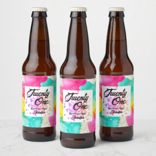 Colourful Splash Watercolor Birthday Beer Bottle Label