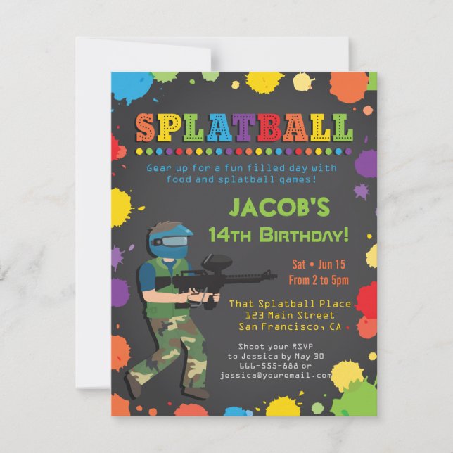 Colourful Splatball Birthday Party Invitations (Front)