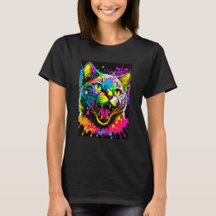 Colourful Splatter Paint Cat 80s Style T-Shirt