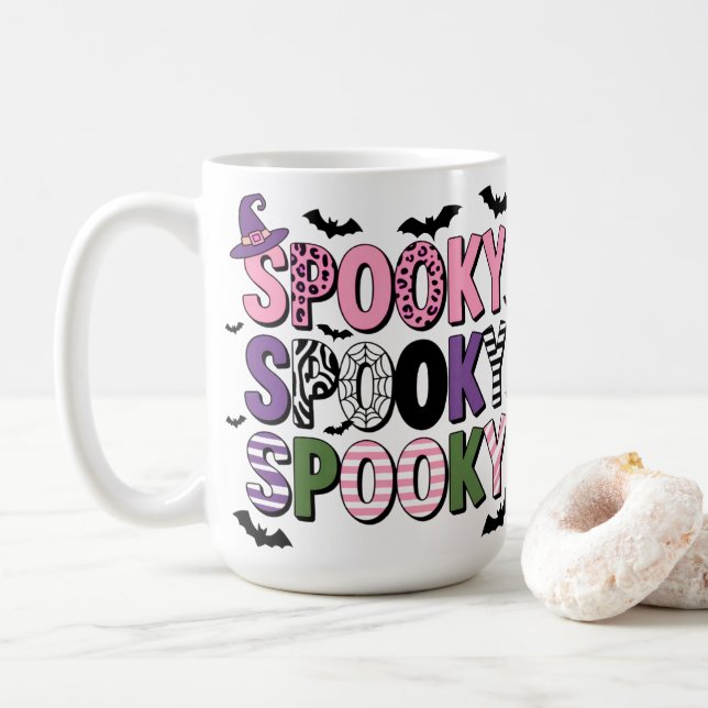 Colourful Spooky Halloween  Cute Witch Hat & Bat  Coffee Mug (With Donut)