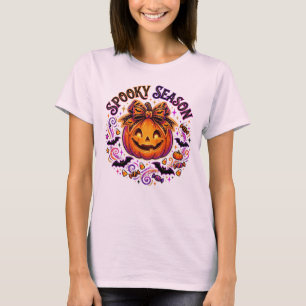 Colourful Spooky Season Pumpkin Sparkle Bow Hallow T-Shirt