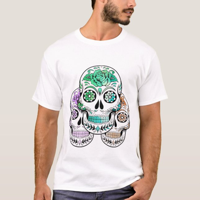 Colourful Spooky Sugar Skulls Halloween T-Shirt (Front)