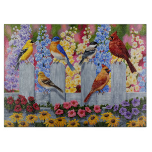 Colourful Spring Birds Garden Party Cutting Board