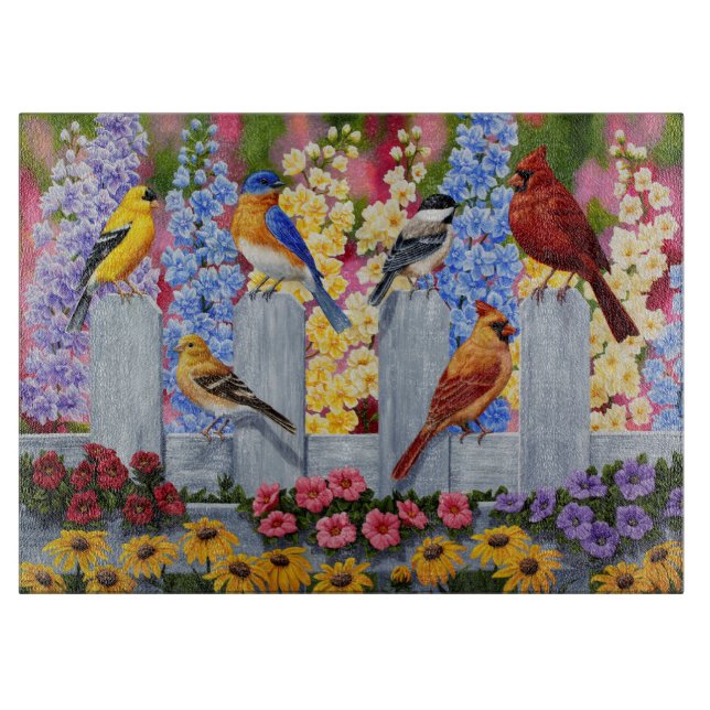 Colourful Spring Birds Garden Party Cutting Board (Front)