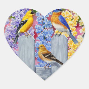 Colourful Spring Birds Garden Party Heart Sticker