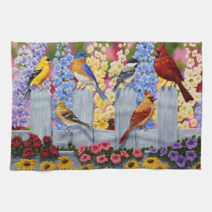 Colourful Spring Birds Garden Party Tea Towel
