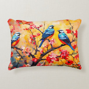 Colourful Spring Birds in Bloom Decorative Cushion