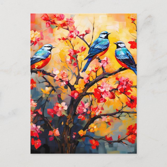 Colourful Spring Birds in Bloom Holiday Postcard (Front)