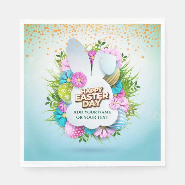 Colourful Spring Bunny Easter Eggs & Flowers Napkin (Front)