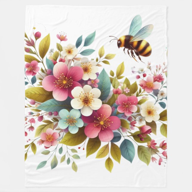 Colourful, Spring/Floral bee Fleece Blanket (Front)