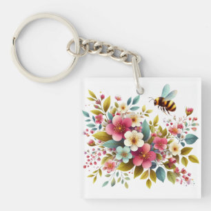Colourful, Spring/Floral bee Key Ring