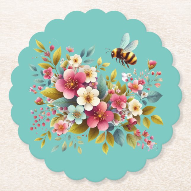 Colourful, Spring/Floral bee Paper Coaster (Front)