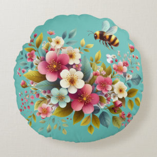 Colourful, Spring/Floral bee Round Cushion