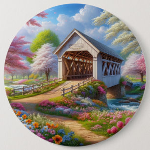 Colourful spring/floral covered bridge & river 6 cm round badge