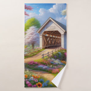 Colourful spring/floral covered bridge & river bath towel
