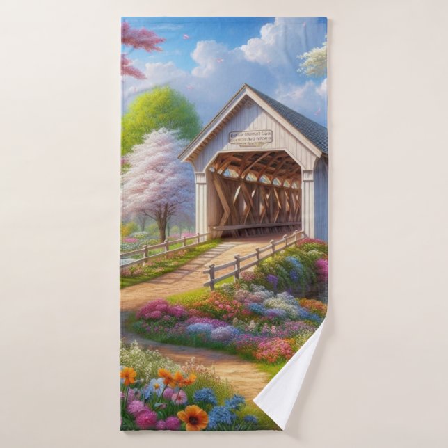 Colourful spring/floral covered bridge & river bath towel (Bath Towel)