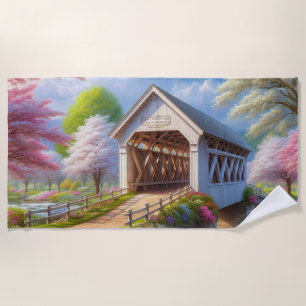 Colourful spring/floral covered bridge & river beach towel