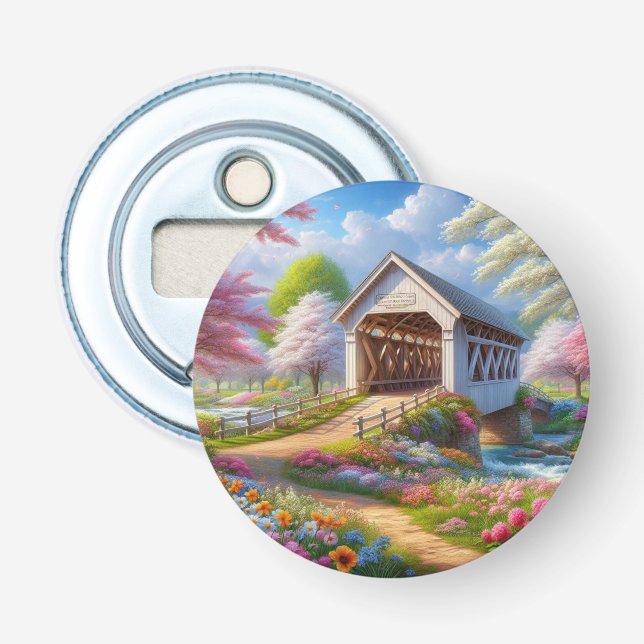 Colourful spring/floral covered bridge & river bottle opener (Front)