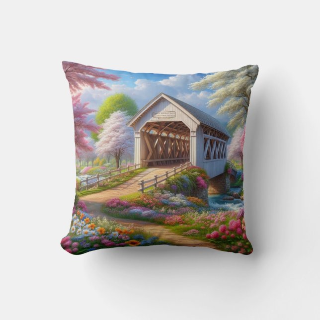 Colourful spring/floral covered bridge & river cushion (Front)