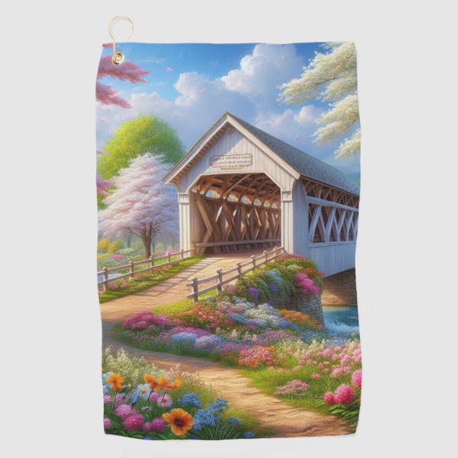 Colourful spring/floral covered bridge & river golf towel (Front)