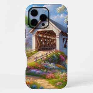 Colourful spring/floral covered bridge & river iPhone 16 pro max case