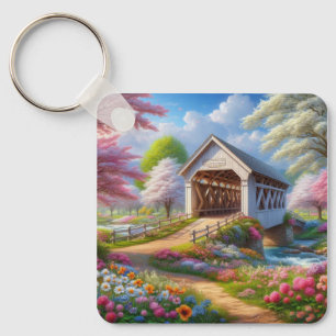 Colourful spring/floral covered bridge & river key ring