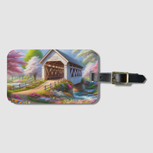 Colourful spring/floral covered bridge & river luggage tag