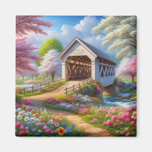Colourful spring/floral covered bridge & river magnet