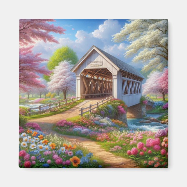 Colourful spring/floral covered bridge & river magnet (Front)