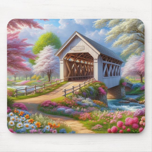 Colourful spring/floral covered bridge & river mouse mat (Front)
