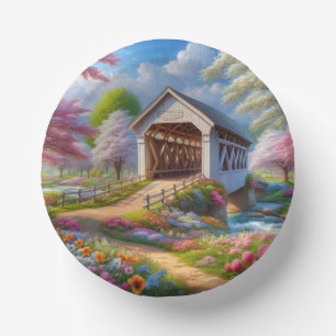 Colourful spring/floral covered bridge & river paper plate