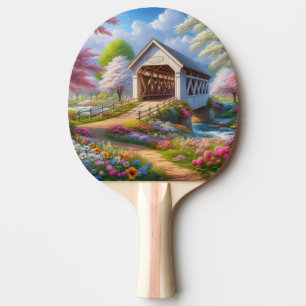 Colourful spring/floral covered bridge & river ping pong paddle