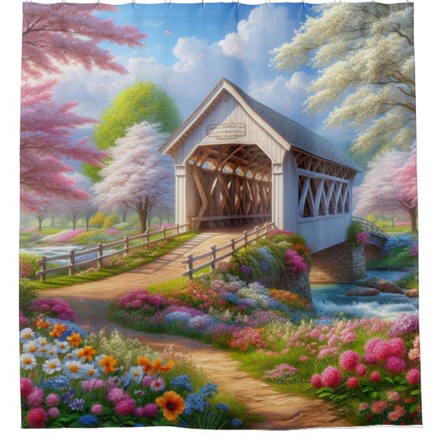 Colourful spring/floral covered bridge & river shower curtain (Front)