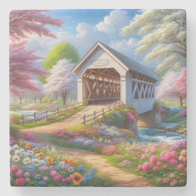 Colourful spring/floral covered bridge & river stone coaster (Front)