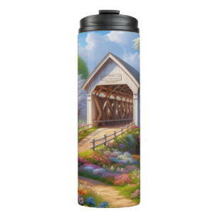 Colourful spring/floral covered bridge & river thermal tumbler