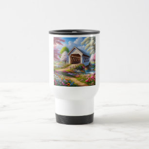 Colourful spring/floral covered bridge & river travel mug