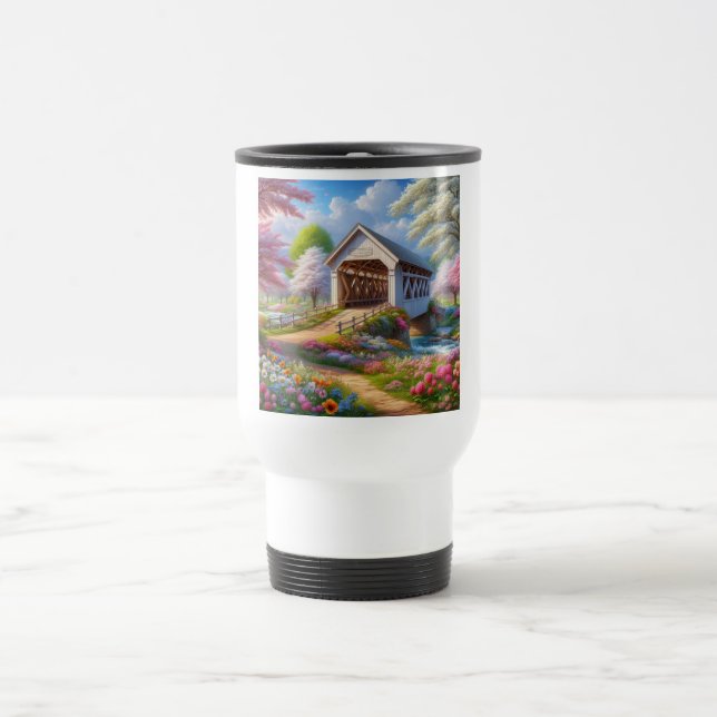 Colourful spring/floral covered bridge & river travel mug (Center)