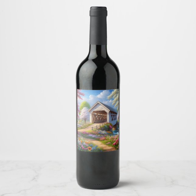 Colourful spring/floral covered bridge & river wine label (Front)