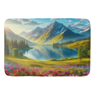 Colourful spring/floral mountain lake bath mat