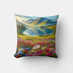 Colourful spring/floral mountain lake cushion