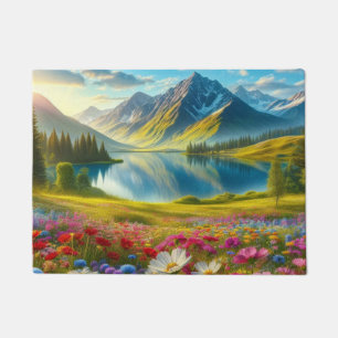 Colourful spring/floral mountain lake doormat