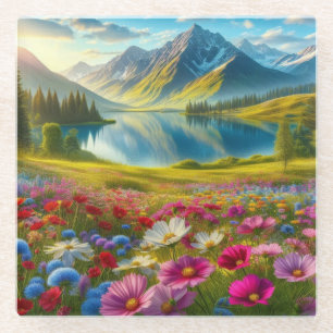 Colourful spring/floral mountain lake glass coaster