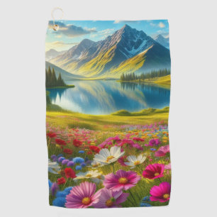 Colourful spring/floral mountain lake golf towel
