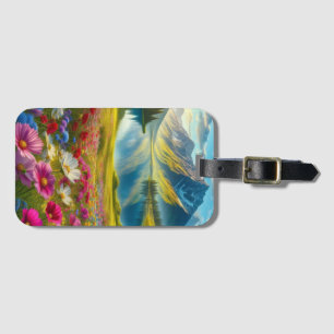 Colourful spring/floral mountain lake luggage tag