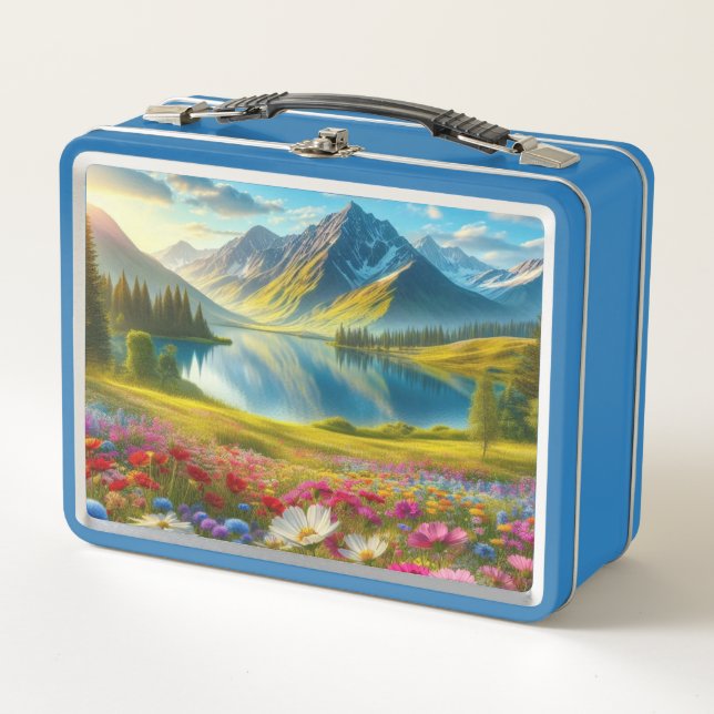 Colourful spring/floral mountain lake metal lunch box (Front)