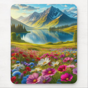 Colourful spring/floral mountain lake mouse mat
