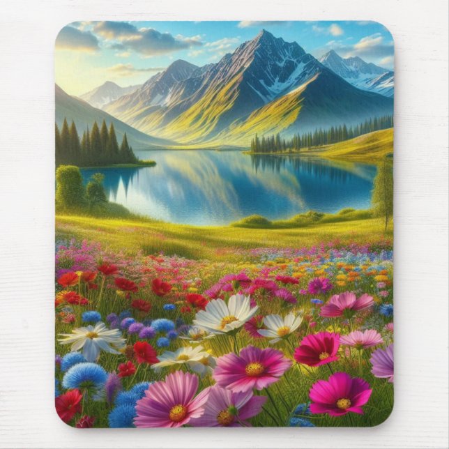 Colourful spring/floral mountain lake mouse mat (Front)