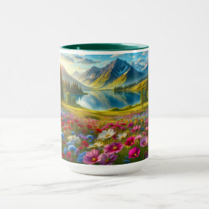 Colourful spring/floral mountain lake mug