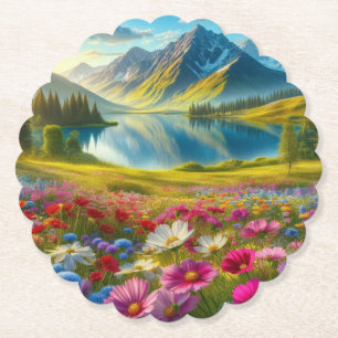 Colourful spring/floral mountain lake paper coaster