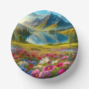 Colourful spring/floral mountain lake paper plate
